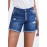 Blue Frayed Hem Single-breasted Ripped Denim Shorts