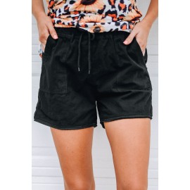 Black Raw Hem Pocketed Drawstring Casual Shorts