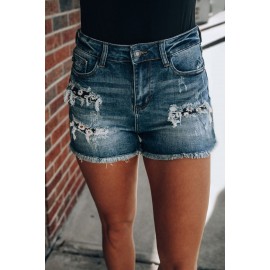 Medium Wash Blue Distressed Daisy Patches Denim Shorts