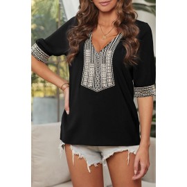 Black Deep V-neck Half Sleeve Embroidery Patch Blouse